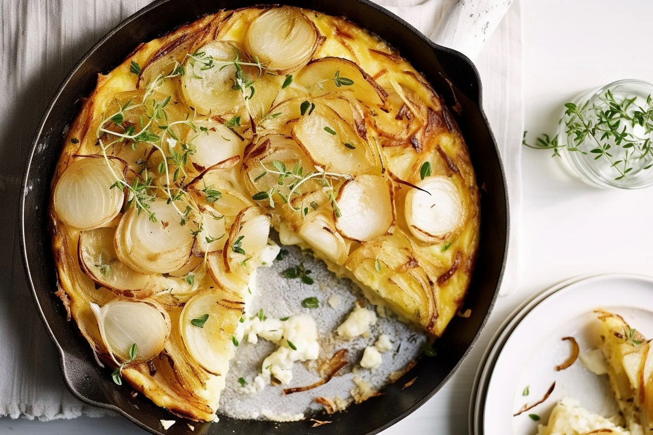 Goldbraune Tortilla mit caramelisierten Zwiebeln und frischem Thymian in einer gusseisernen Pfanne, ein Stück herausgeschnitten.