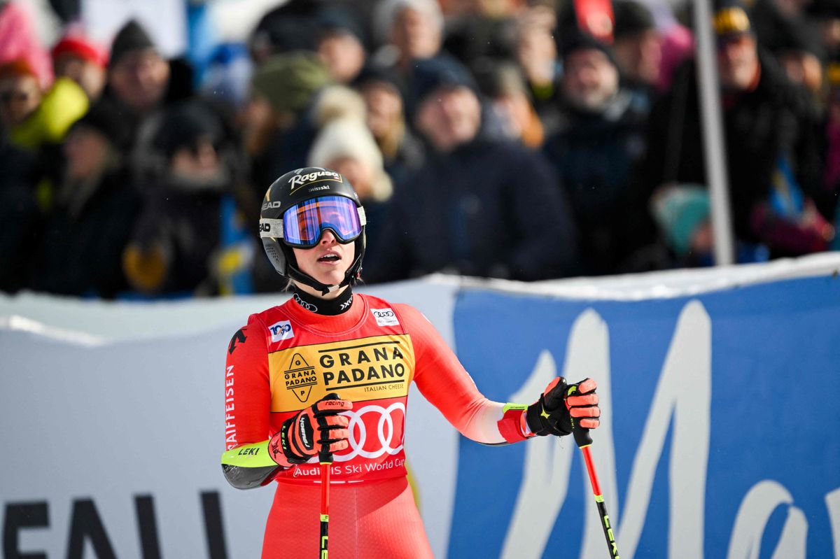 Switzerland's Lara Gut-Behrami reacts in the finish area after the second run of the Women's Giant Slalom race at the FIS Alpine Skiing World Cup in Are, Sweden on March 9, 2024. (Photo by Pontus LUNDAHL / TT News Agency / AFP) / Sweden OUT