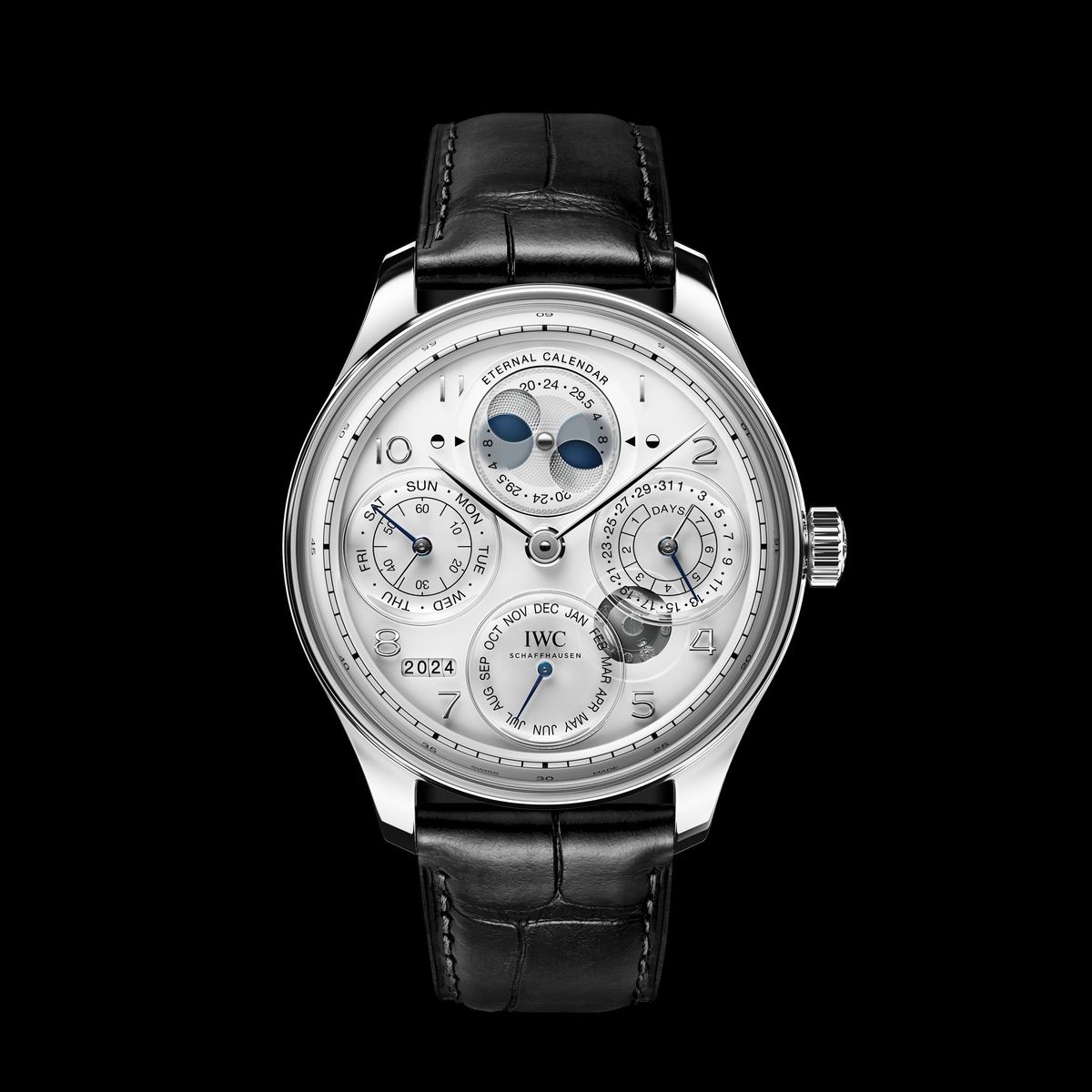 Montre-bracelet IWC avec calendrier perpétuel et phases de lune sur fond noir.