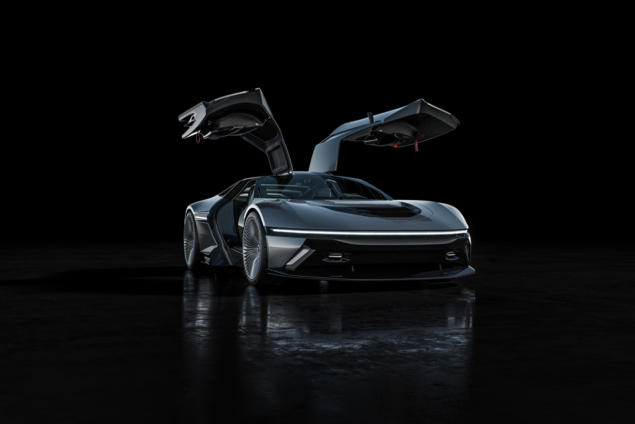 DeLorean Model JZD: Futuristischer Sportwagen mit geöffneten Flügeltüren von DNG Motors vor dunklem Hintergrund.