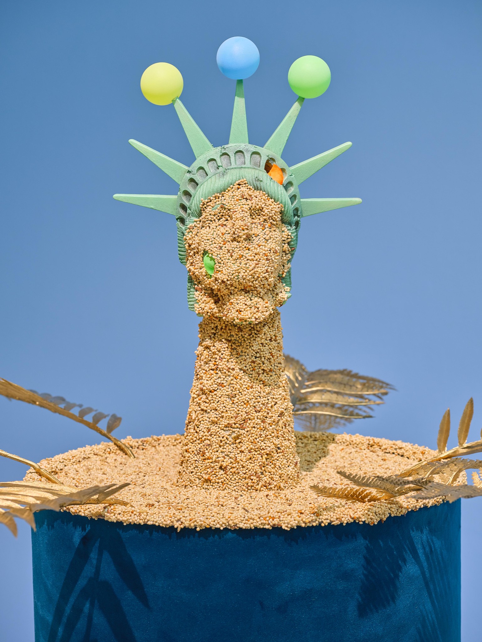 Dotée d’une couronne hérissée de balles de ping-pong, une statue de la Liberté en graines pour oiseaux trône sur la mezzanine.