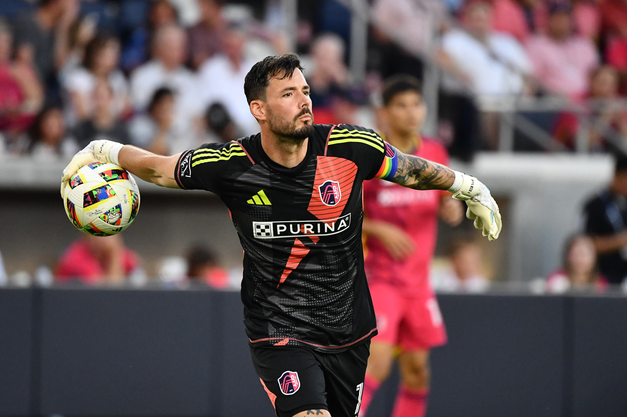 ST LOUIS, MISSOURI - JUNE 8: Roman Burki #1 of St. Louis City SC throws out the ball during a game between Portland Timbers and St. Louis City SC at Citypark on June 8, 2024 in St Louis, Missouri. (Photo by Bill Barrett/ISI Photos/Getty Images)