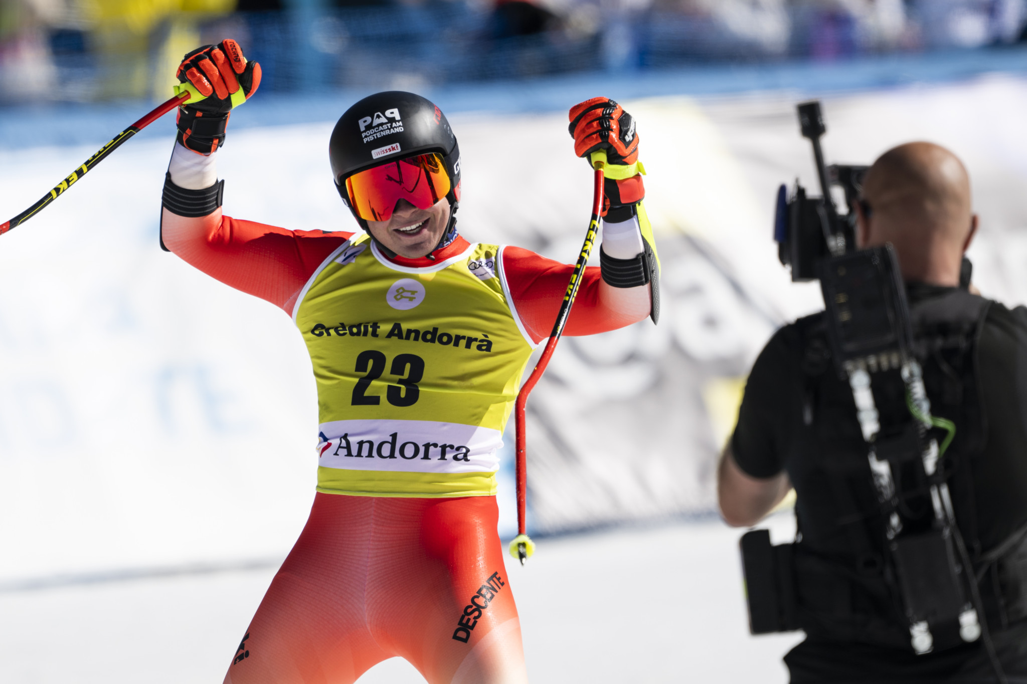 Livio Hiltbrand of Switzerland reacts in the finish area during the men's super-g race at the FIS Alpine Skiing World Cup finals in El Tarter, Andorra, Thursday, March 16, 2023. (KEYSTONE/Jean-Christophe Bott)