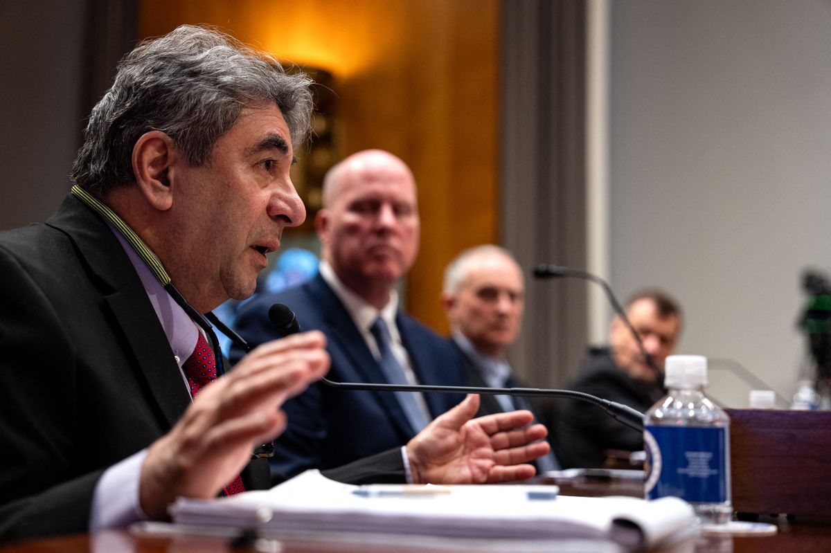 WASHINGTON, DC - APRIL 17: Witness Boeing engineer Sam Salehpour gestures while testifying before a Senate Homeland Security and Governmental Affairs subcommittee on investigations hearing titled "Boeing's broken safety culture, focusing on firsthand accounts" at the U.S. Capitol on April 17, 2024 in Washington, DC. In an interview with NBC News, Salehpour says that he thinks all 787 jets should be grounded to allow for proper safety checks of the plane, which has come under fire in recent months following a slew of incidents.   Kent Nishimura/Getty Images/AFP (Photo by Kent Nishimura / GETTY IMAGES NORTH AMERICA / Getty Images via AFP)