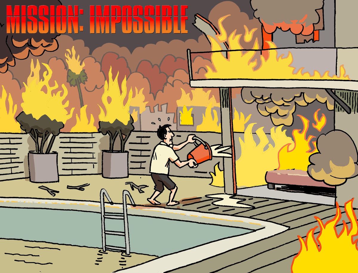 Illustration d’une personne arrosant un incendie autour d’une maison avec une piscine, avec le texte ’Mission: Impossible’ en haut à gauche.