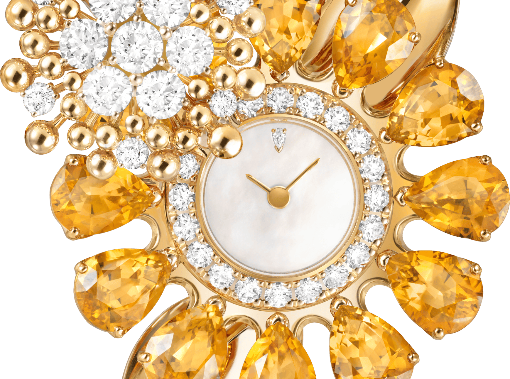 Montre en or dÃ©corÃ©e de diamants blancs et de pierres orange en forme de goutte.