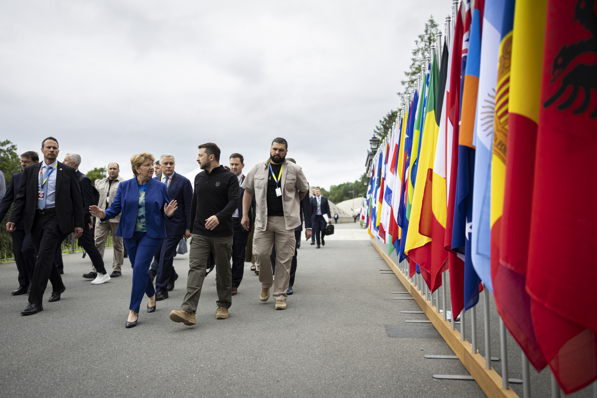 Swiss Federal President Viola Amherd, center-left, speaks with Ukrainian President Volodymyr Zelenskyy, center-right, after a press statement, during the Summit on peace in Ukraine, in Stansstad near Lucerne, Switzerland, Saturday, June 15, 2024. Heads of state from around the world gather on the Buergenstock Resort in central Switzerland for the Summit on Peace in Ukraine, on June 15 and 16. (KEYSTONE/EDA/POOL/Michael Buholzer)