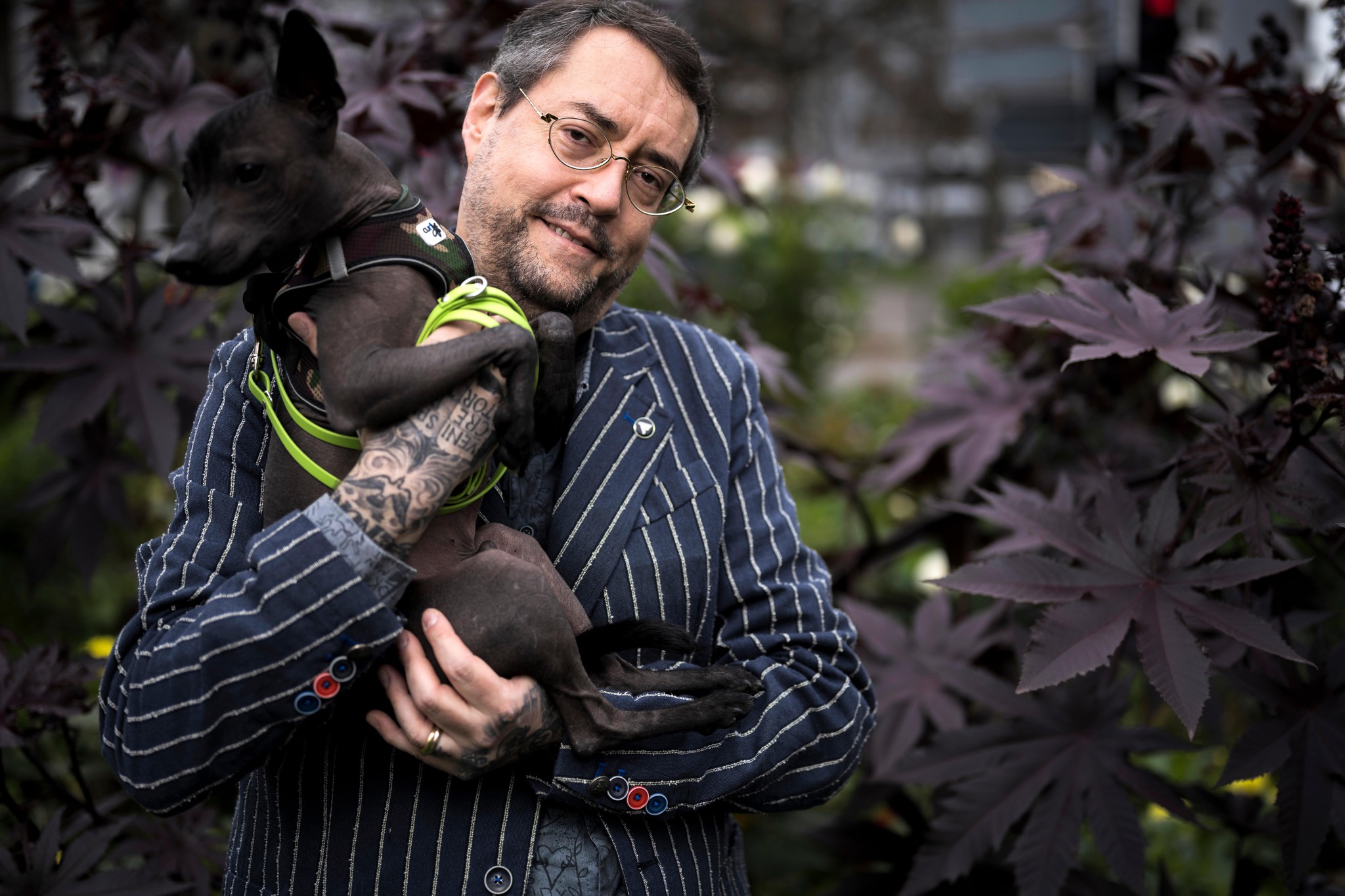 Beim Gasthof Hirschen in Schwamendingen: Gion Mathias Cavelty mit seinem Xoloitzcuintle. 