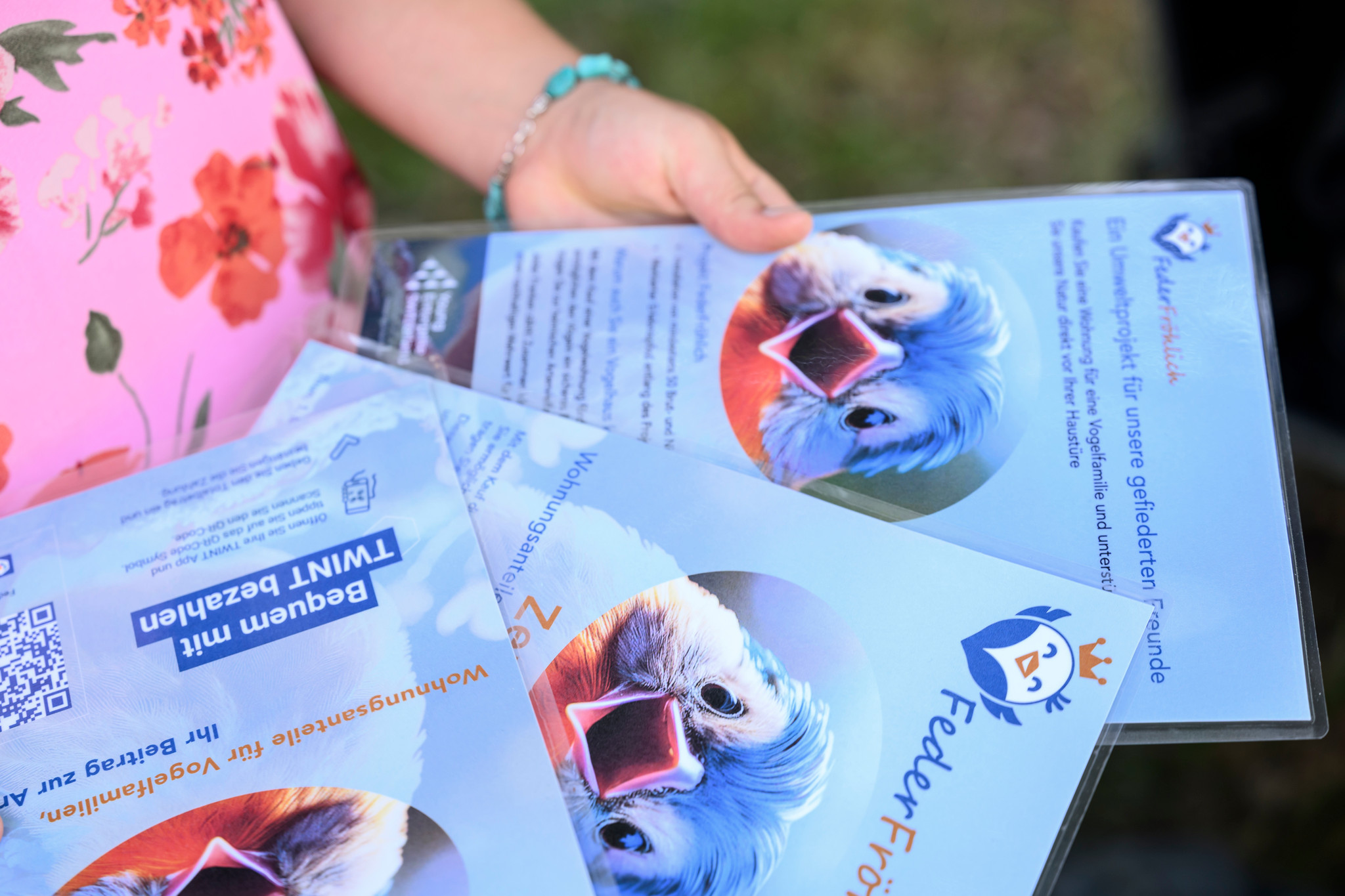 Drei Flyer für den Natur-Erlebnispfad FederFröhlich in Steffisburg, mit einem Papageienbild, gehalten von einer Person in einem rosa Blumenhemd.