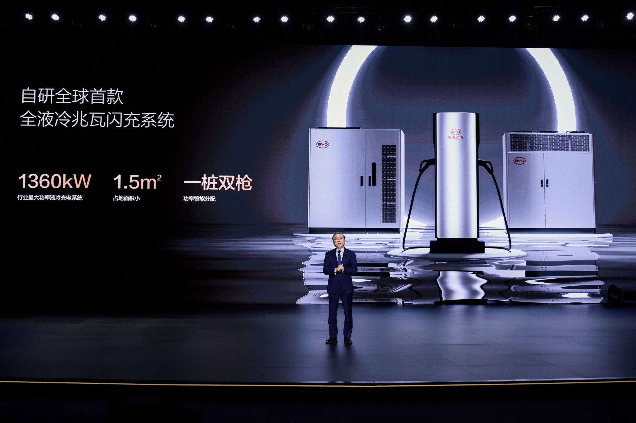 BYD-Präsentation des Megawatt Flash Chargers auf dunkler Bühne, mit technischen Daten: 1360 kW Ladeleistung und 1,5 m² Stellfläche.