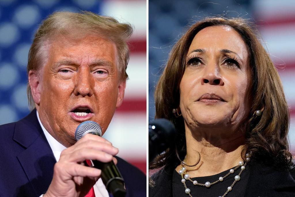 Photos côte à côte de Donald Trump lors d'une réunion à Lancaster et de Kamala Harris lors d'un rassemblement à Erie, octobre 2024.
