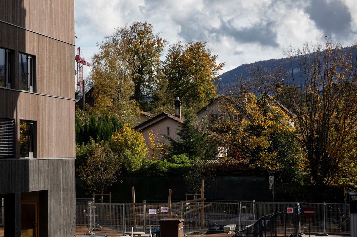 Nouveau bâtiment multifonctions à Vernier près du quartier de l’Étang, entouré de villas et d’arbres en automne.