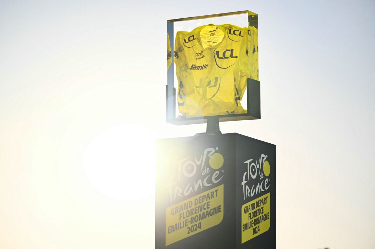A display case showcases the overall leader's yellow jersey during the team presentation for the 111th edition of the Tour de France cycling race, in Florence in Italy, on June 27, 2024. (Photo by Marco BERTORELLO / AFP)