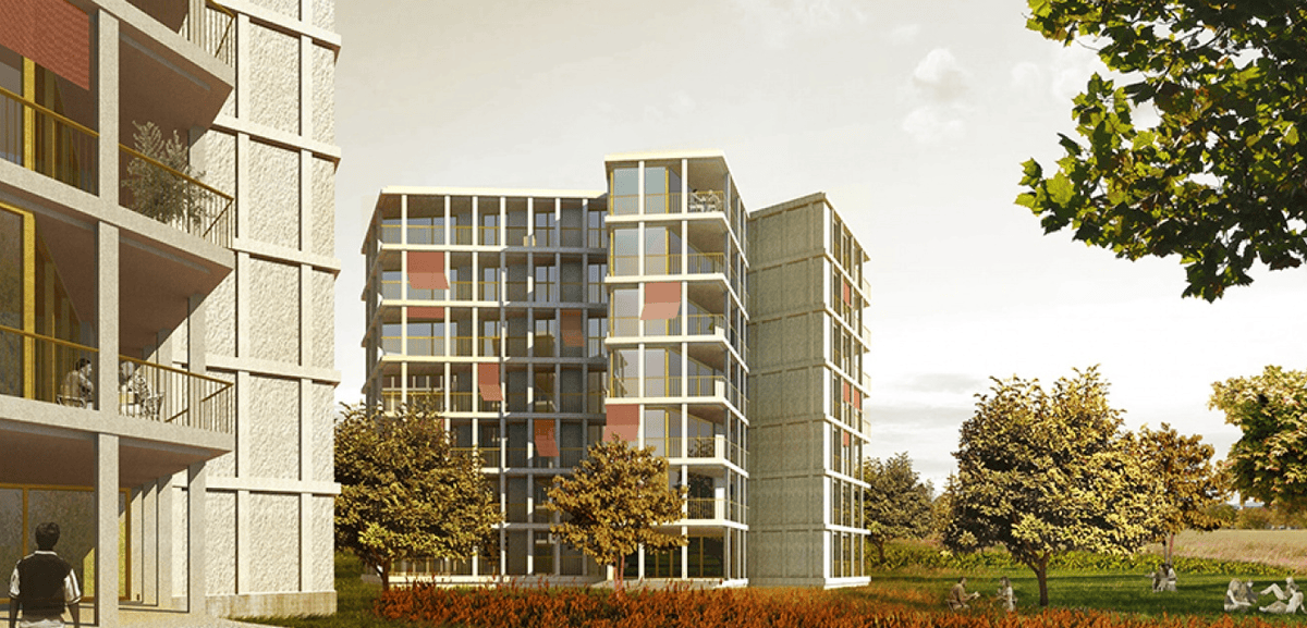 Projet lauréat du concours Ferme (vue depuis la route de Vessy).