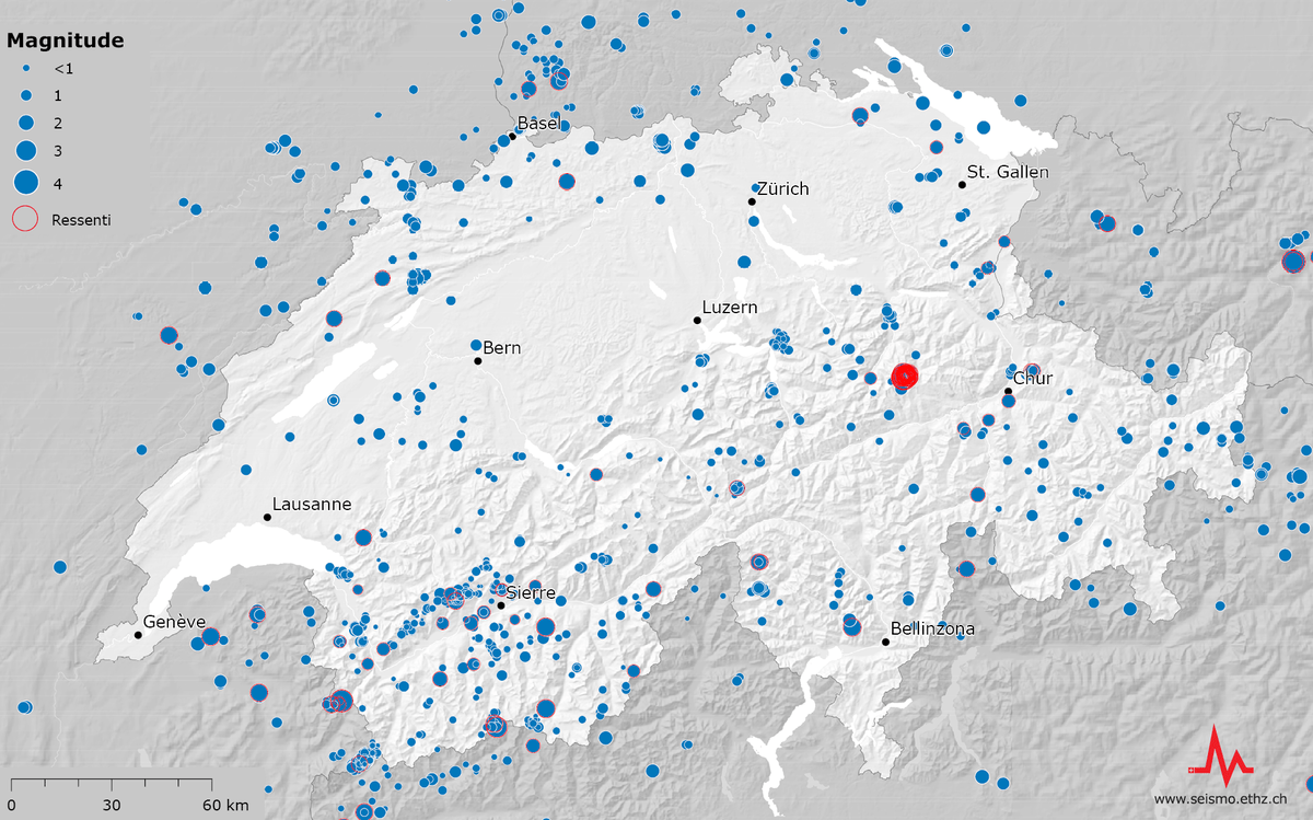 Les zones où la terre a tremblé en Suisse l’an dernier.