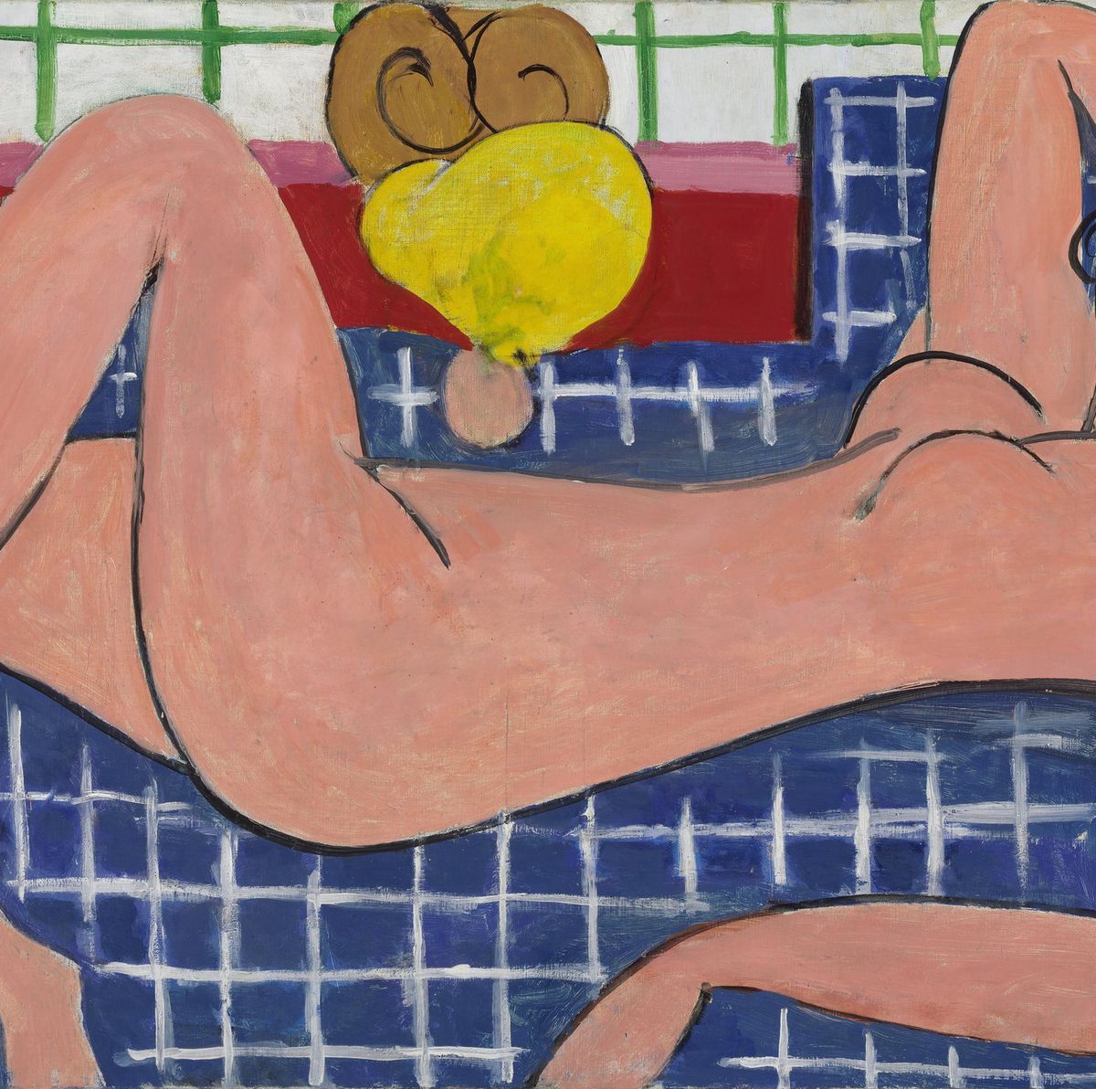 Peinture à l’huile de nu allongé sur un fond de carreaux bleus et blancs, entouré de motifs colorés, prêtée par le Baltimore Museum of Art.