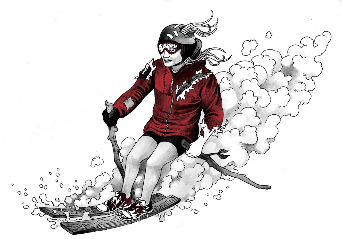 Illustration en noir et blanc d’un skieur descendant une pente en neige, portant une veste rouge et un casque, avec un effet de mouvement.