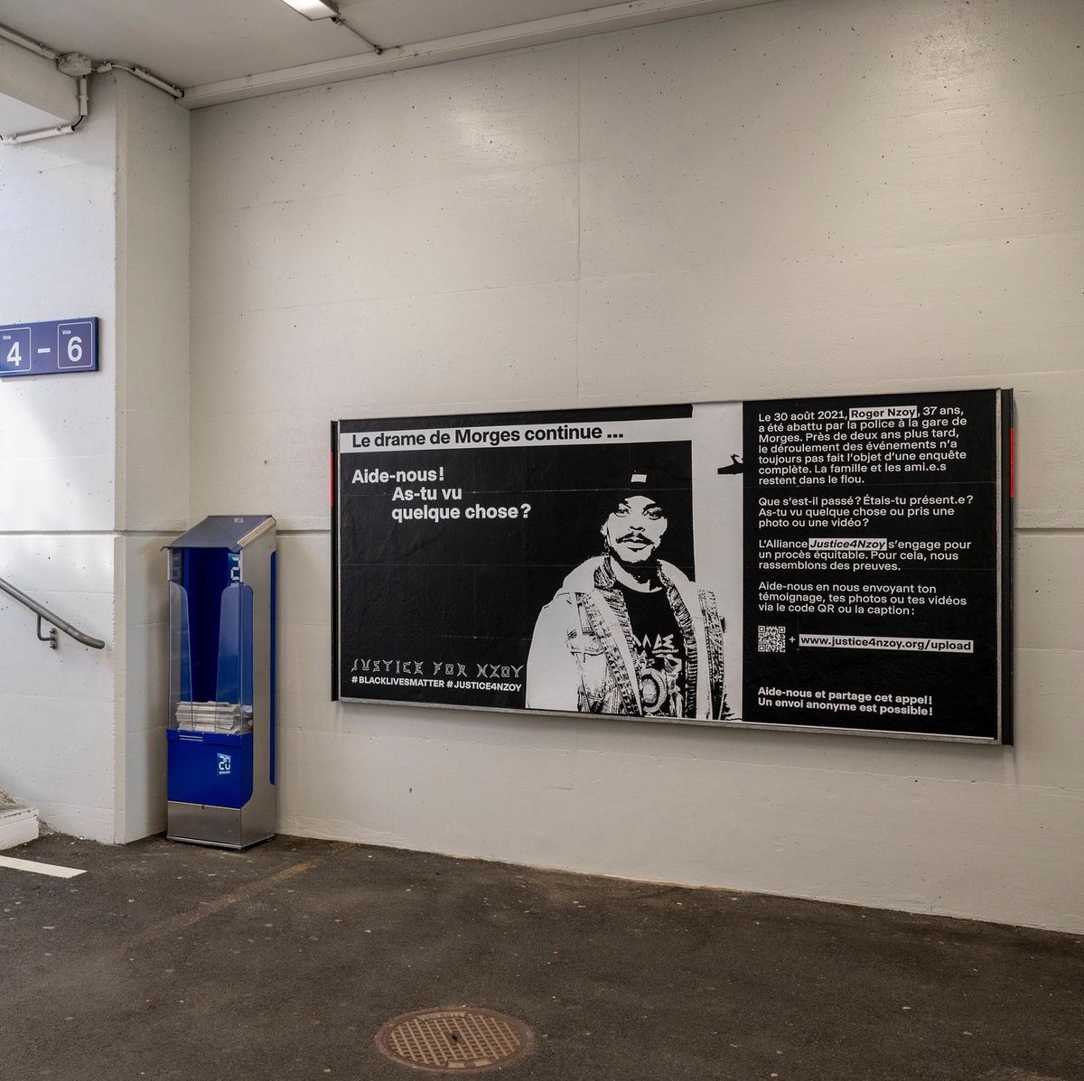 Morges, le jeudi 15 juin 2023. Affiche située dans la gare de Morges, appel à témoins suite à la mort de Roger Nzoy. (Marie-Lou Dumauthioz/24heures)