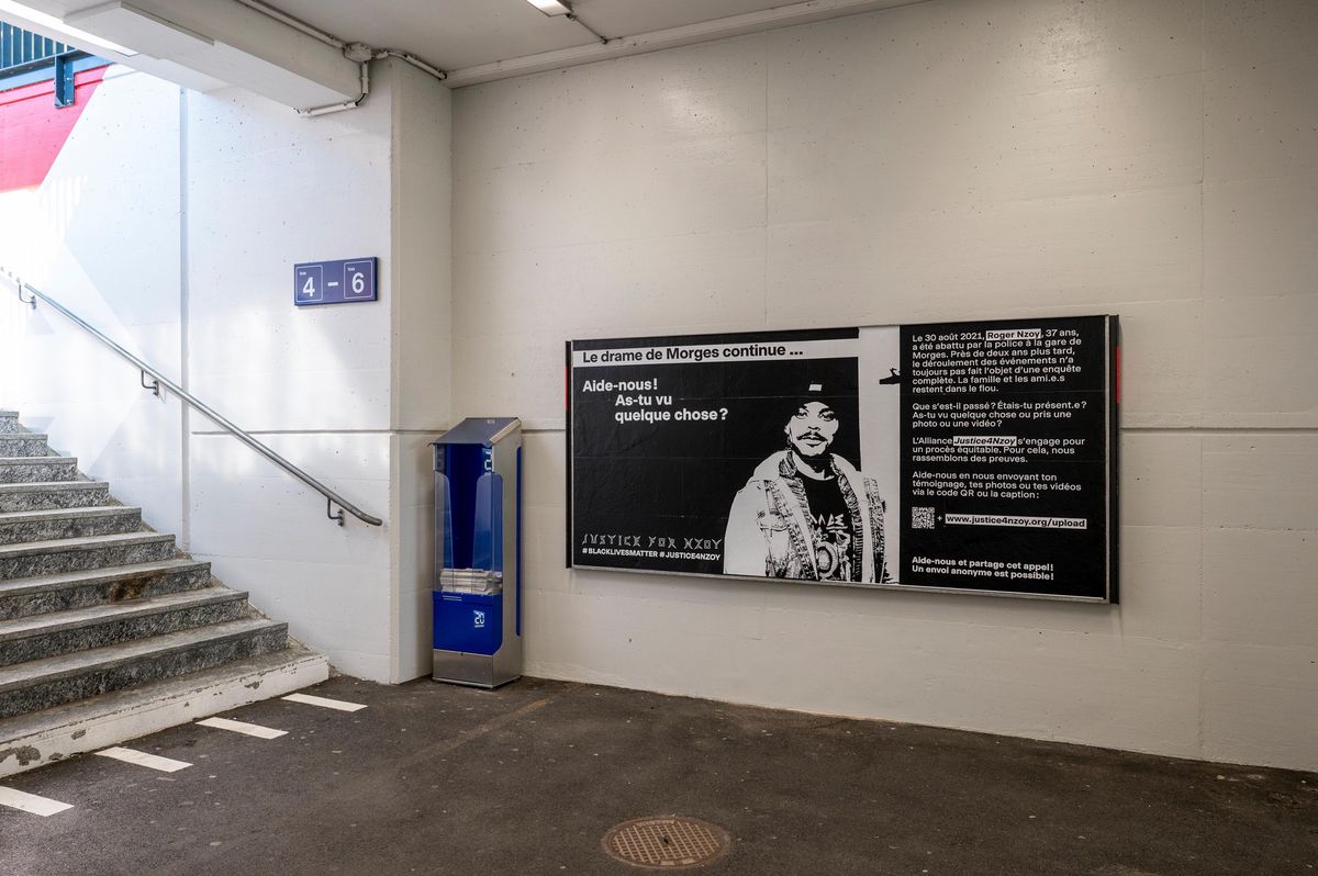 Morges, le jeudi 15 juin 2023. Affiche située dans la gare de Morges, appel à témoins suite à la mort de Roger Nzoy. (Marie-Lou Dumauthioz/24heures)