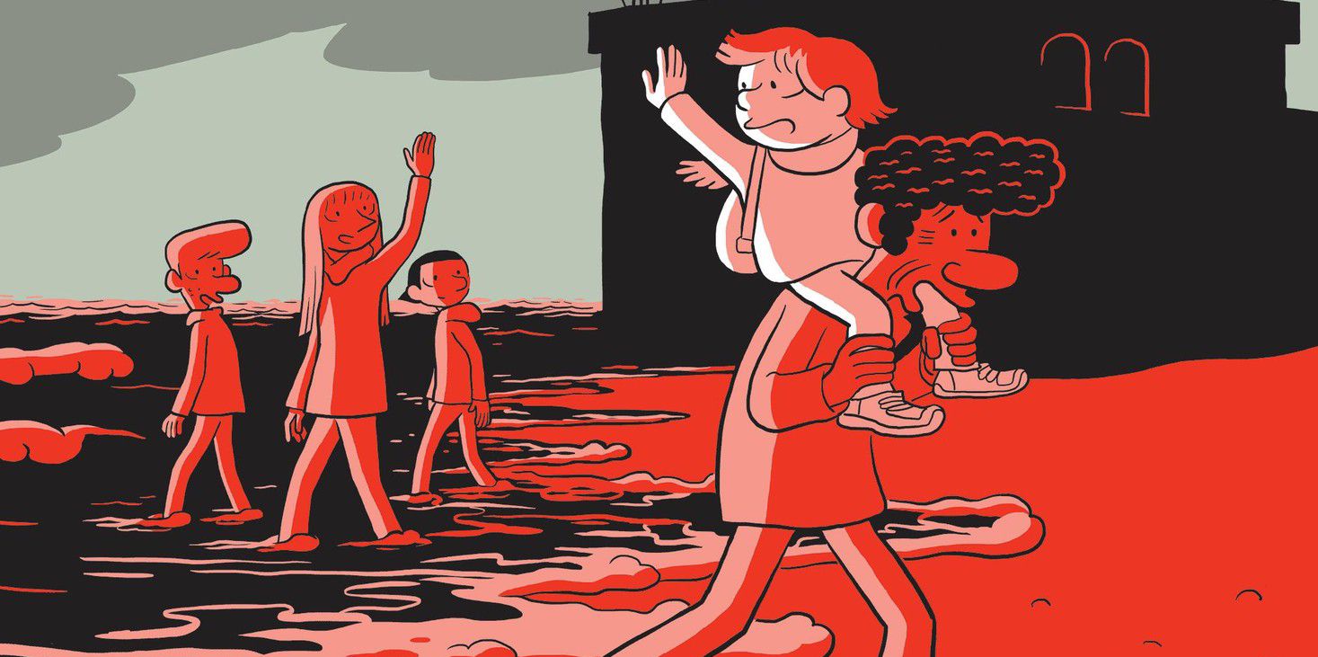 Couverture de bande dessinée montrant une famille marchant sur un chemin rouge, avec le titre 'Moi, Fadi, le frère volé' de Riad Sattouf.