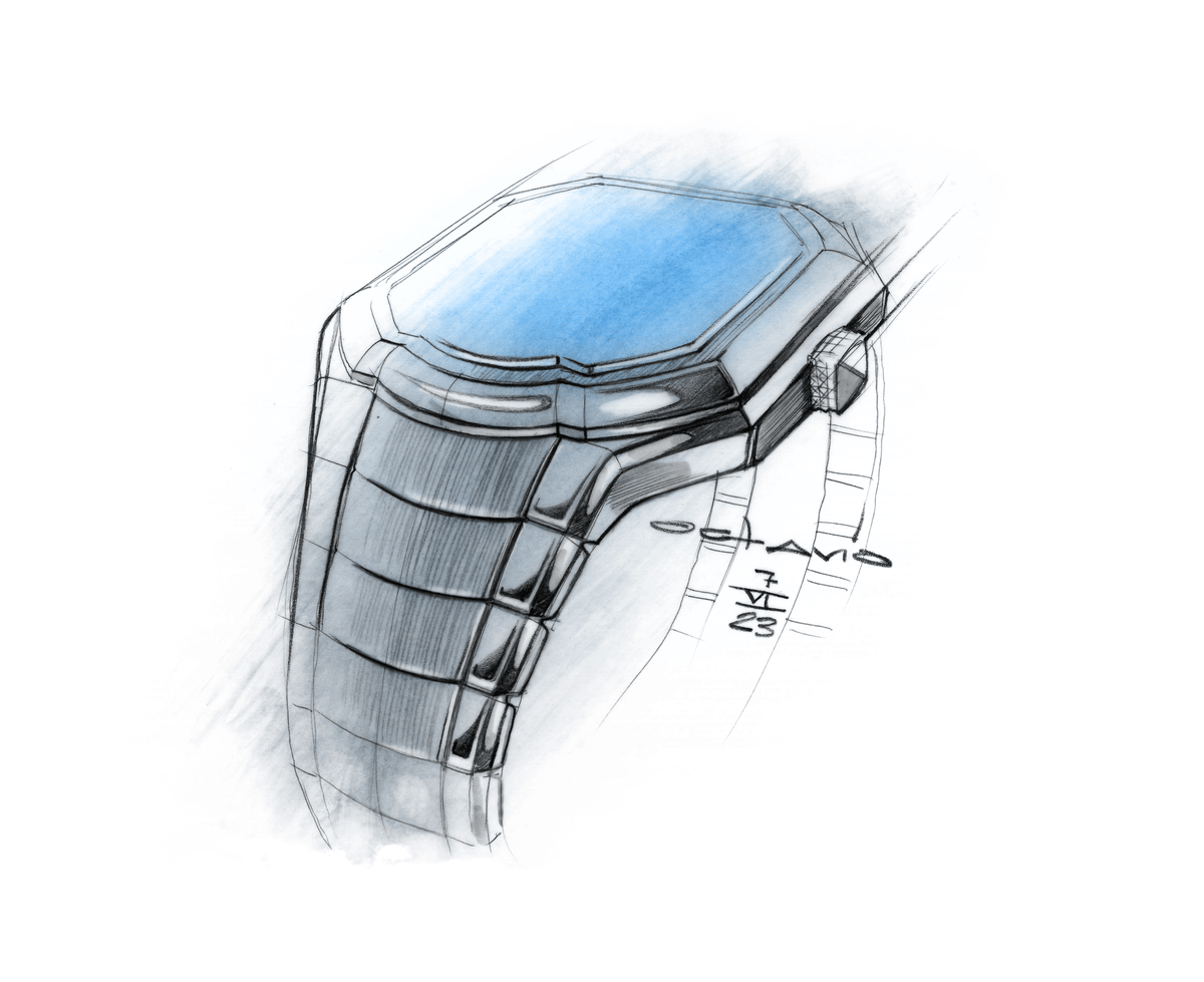 Croquis d’une montre moderne avec un écran bleu et un bracelet métallique, signé ’7 VI 23’.