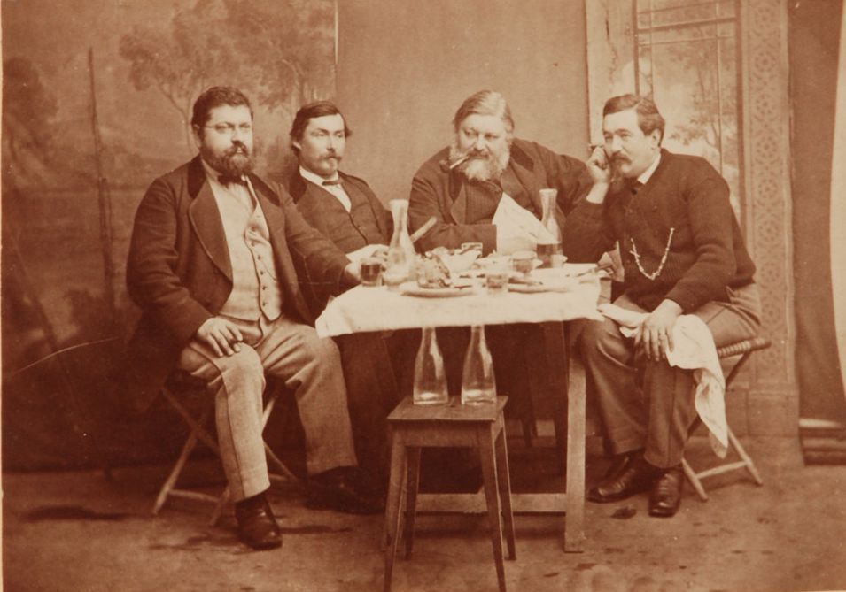 Gustave Courbet (2e depuis la droite), alors qu’il résidait à La Tour-de-Peilz, et ses amis bullois