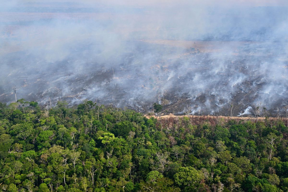 Vue aérienne d’une zone de la forêt amazonienne déforestée par un incendie illégal à Labrea, État de l’Amazonas, Brésil, entourée de fumée, le 20 août 2024.