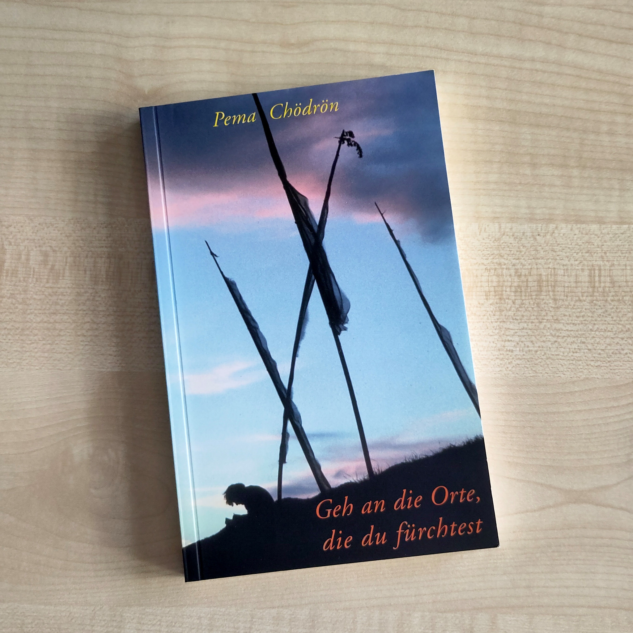 Buchcover ’Geh an die Orte, die du fürchtest’ von Pema Chödrön, mit einer knienden Silhouette vor Gebetsfahnen im Abendhimmel.