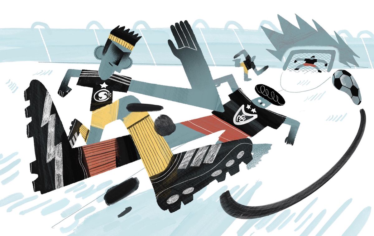 Illustration de deux joueurs de football en action dynamique, un ballon faisant irruption dans les filets derrière.