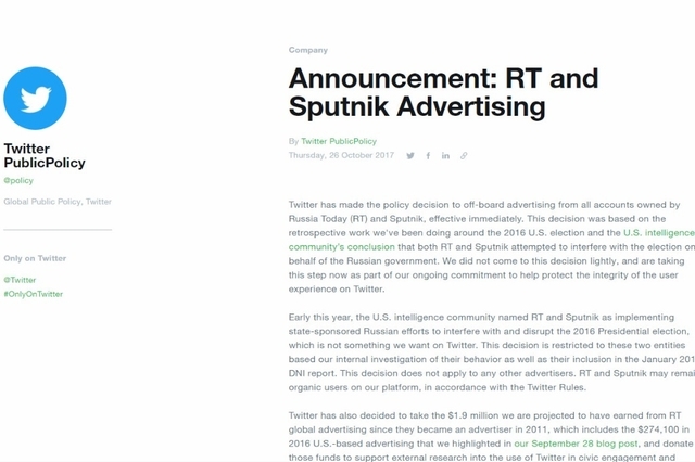 Twitter interdit la pub sur les comptes de RT et Sputnik