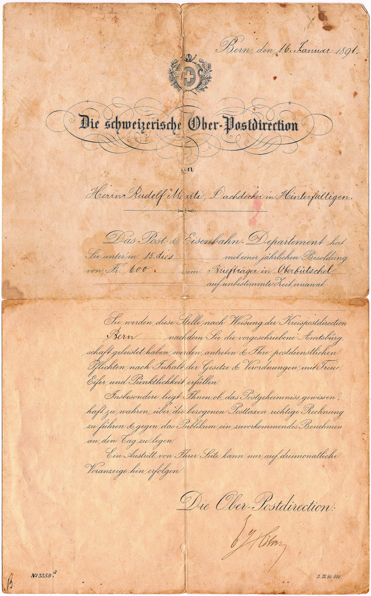 Historische Ernennungsurkunde aus dem Jahr 1891 für Rudolf Marti als Posthalter in Hinterfultigen, ausgestellt von der schweizerischen Ober-Postdirection.