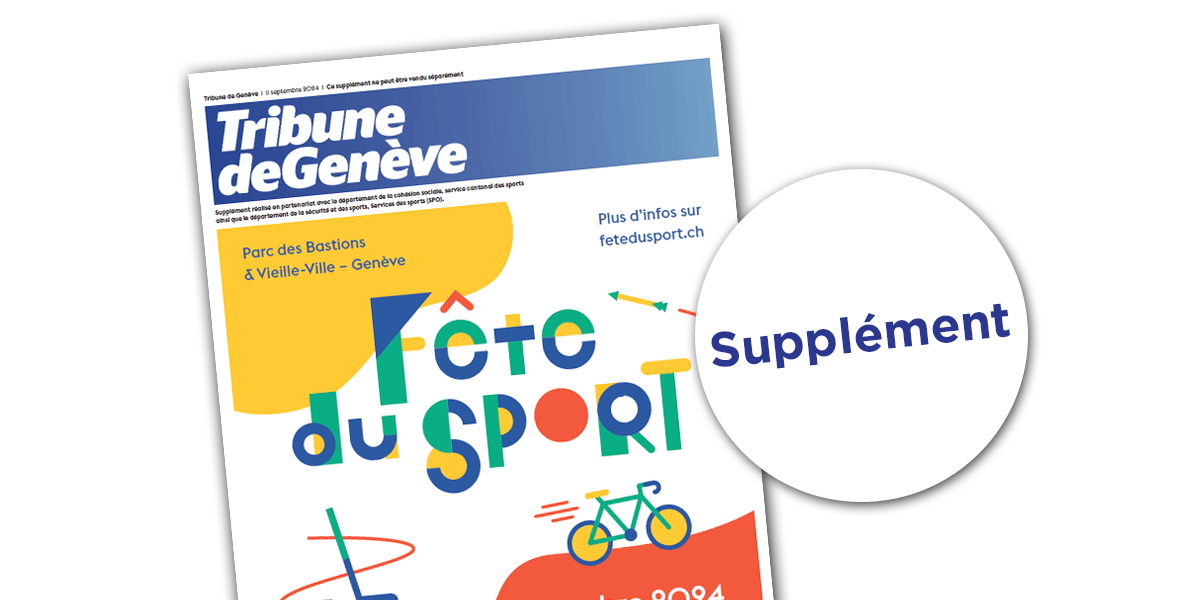 Couverture d'un supplément de la Tribune de Genève pour la Fête du Sport, avec des illustrations colorées et des informations sur l'événement.