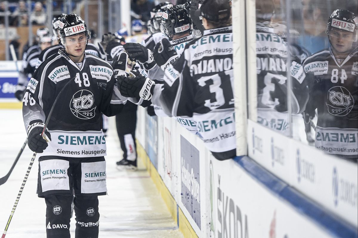 Turku`s Lauri Pajuniemi celebrates after scoring 1:1 during the game between TPS Turku and HC Davos, at the 93th Spengler Cup ice hockey tournament in Davos, Switzerland, Sunday, December 29, 2019. (KEYSTONE/Melanie Duchene)