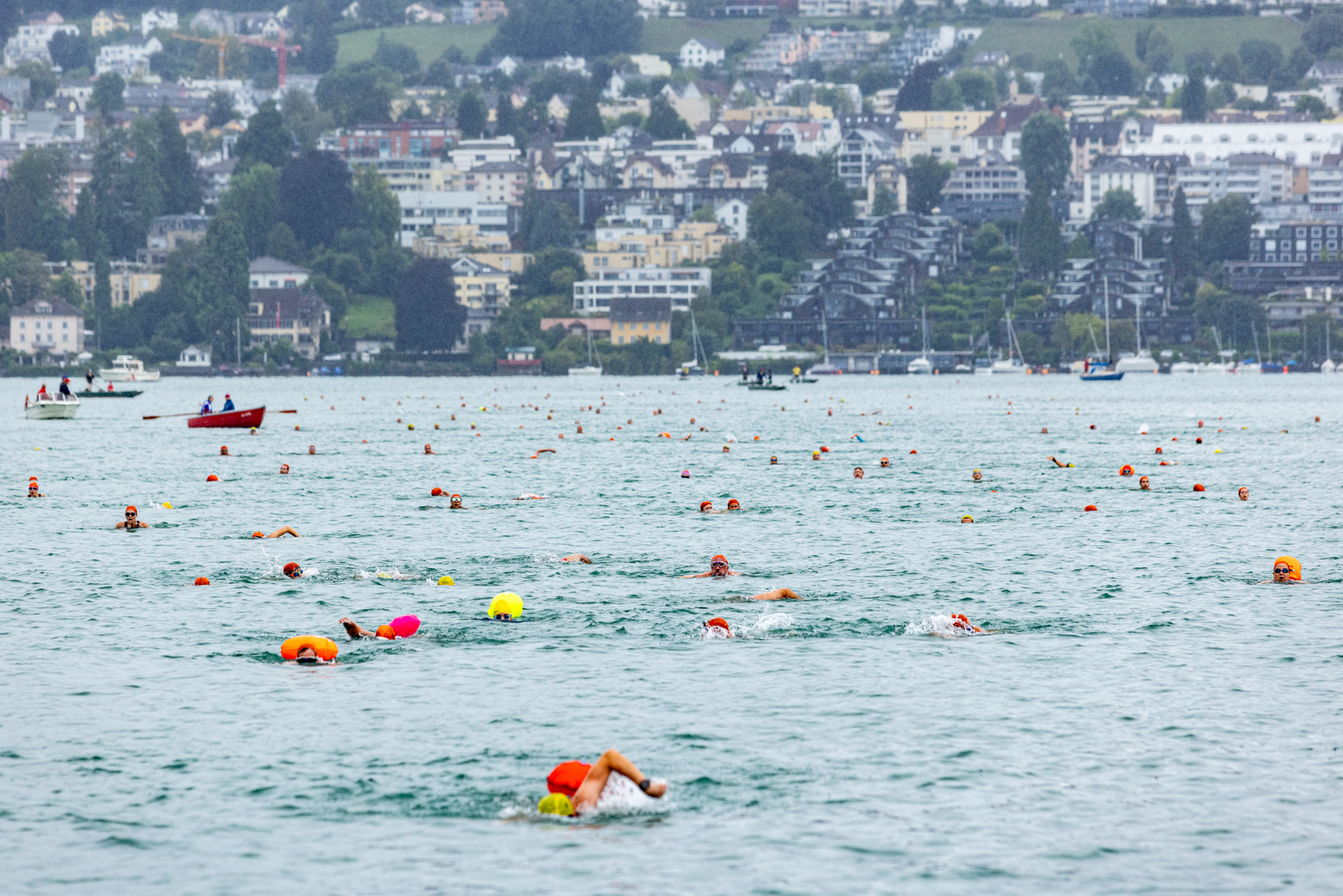 Zahlreiche Schwimmerinnen und Schwimmer mit bunten Bojen überqueren den Zürichsee bei der Seeüberquerung von Thalwil nach Küsnacht, August 2024.