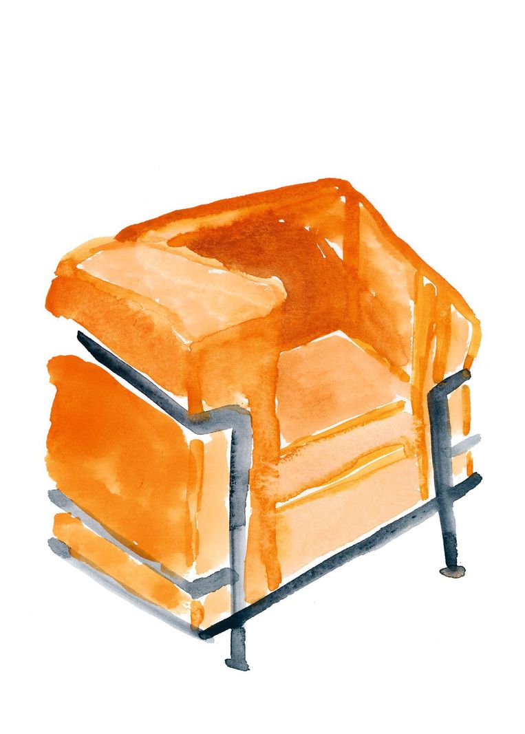 Illustration d’un fauteuil LC2 orange, conçu par Charlotte Perriand et Le Corbusier, avec une structure en métal noir.