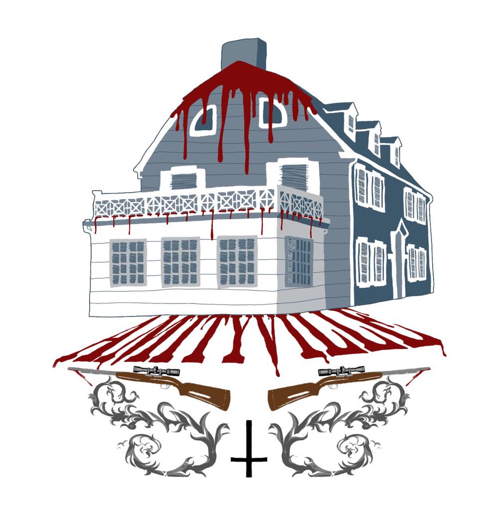 Illustration d’une maison grise avec du sang coulant de son toit, décorée de motifs floraux et de fusils croisés en dessous.