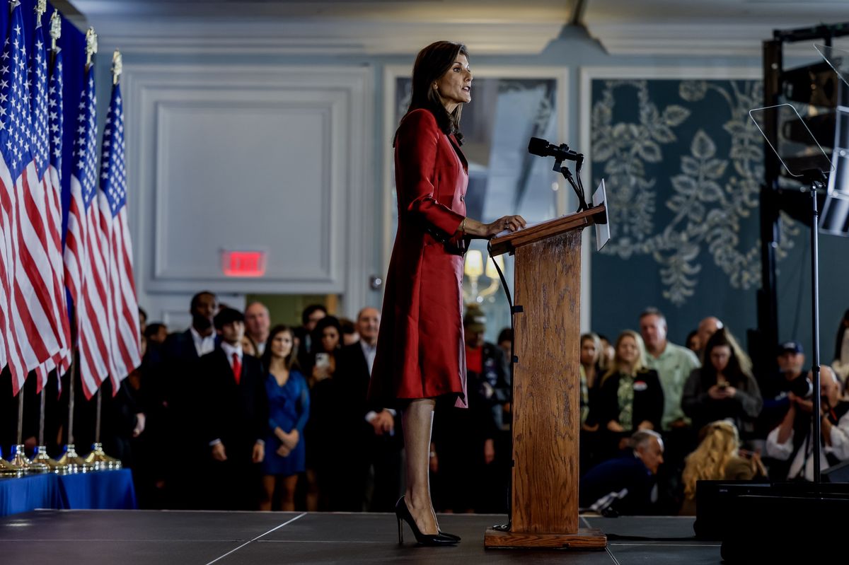 epa11179646 Republican US presidential candidate Nikki Haley speaks to supporters during a South Carolina Republican Presidential Primary night event in Charleston, South Carolina, USA, 24 February 2024. Haley, the former South Carolina governor lost to former US President Donald Trump in the South Carolina Republican Presidential Primary.  EPA/ERIK S. LESSER