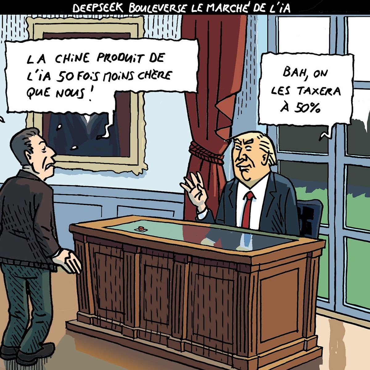 Illustration humoristique montrant deux hommes discutant dans un bureau. Un homme affirme que la Chine produit de l’IA cinquante fois moins cher. L’autre répond qu’ils les taxeront à 50%.