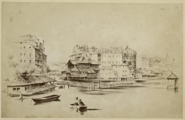 Au centre de l’image, vue côté Rhône, la machine hydraulique de Genèveau XIXe siècle. La gravure (vers 1885, d’après un modèle de 1837) montre comment différents obstacles, comme des claies pour la pêche, encombrent le lit du Rhône. On remarque les lavandières au travail dans un bateau-lavoir. En bas, une vue de Genève prise des Eaux-Vives, vers 1780. La rade est protégée par des rangées de pieux et des estacades qui en gardent l’entrée.