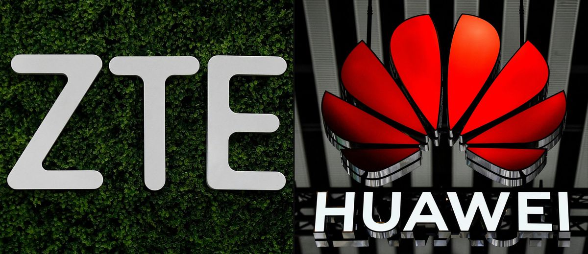 (COMBO) This combination of file photos created on July 11, 2024 in Berlin, Germany shows (from L) the ZTE logo at the Mobile World Congress (MWC) fair in Barcelona on June 28, 2021, and the logo of Huawei on the opening day of the MWC (Mobile World Congress) in Barcelona on February 28, 2022. Germany said on July 11, 2024 it will phase out the use of components from Chinese telecom giants Huawei and ZTE in its 5G networks in the coming years due to national security concerns. (Photo by Josep LAGO and Pau BARRENA / AFP)