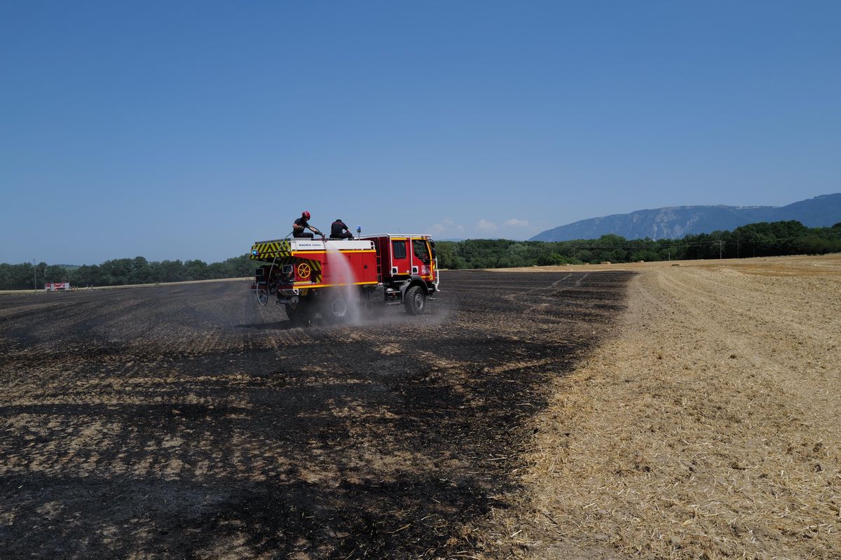 
Les pompiers de Saint-Julien interviennent sur le feu qui a ravagé la moitié d’un champ de blé moissonné, sur la commune de Viry, non loin de Soral. Le SIS est venu en renfort avec quatre véhicules, ce lundi 20 juin à la mi-journée.
© Steeve Iuncker-Gomez

