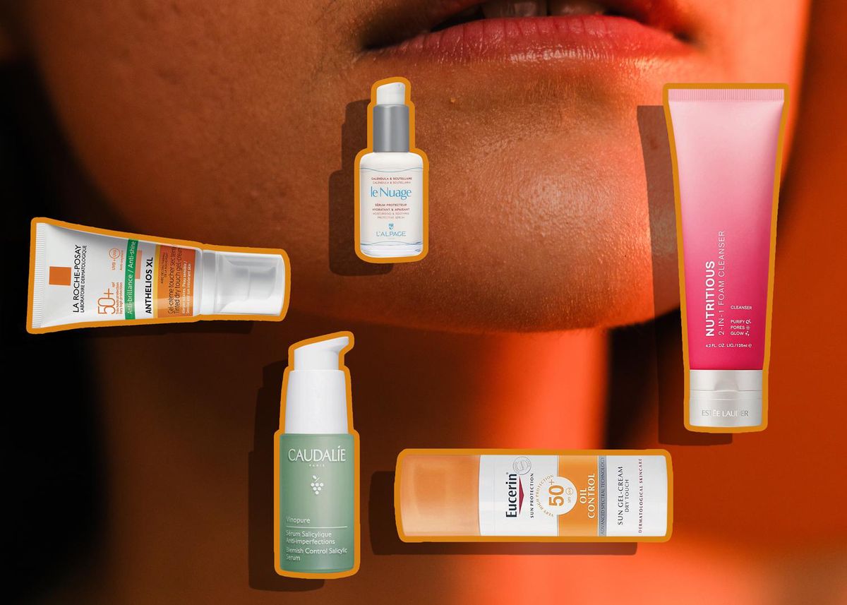 Produits de soins de la peau contre l’acné sur fond de menton féminin.