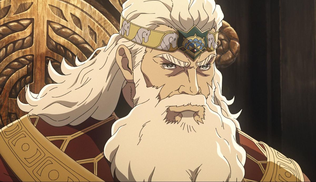 Personnage animé Helm avec longue barbe blanche et couronne, scène de ’The Lord of the Rings: The War of the Rohirrim’.