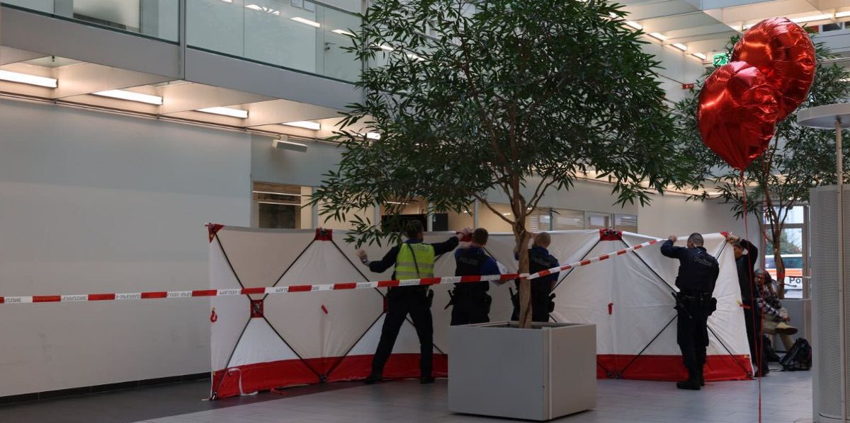 Des policiers installent une tente de protection dans un espace intérieur lumineux avec des plantes et des ballons en forme de cœur.