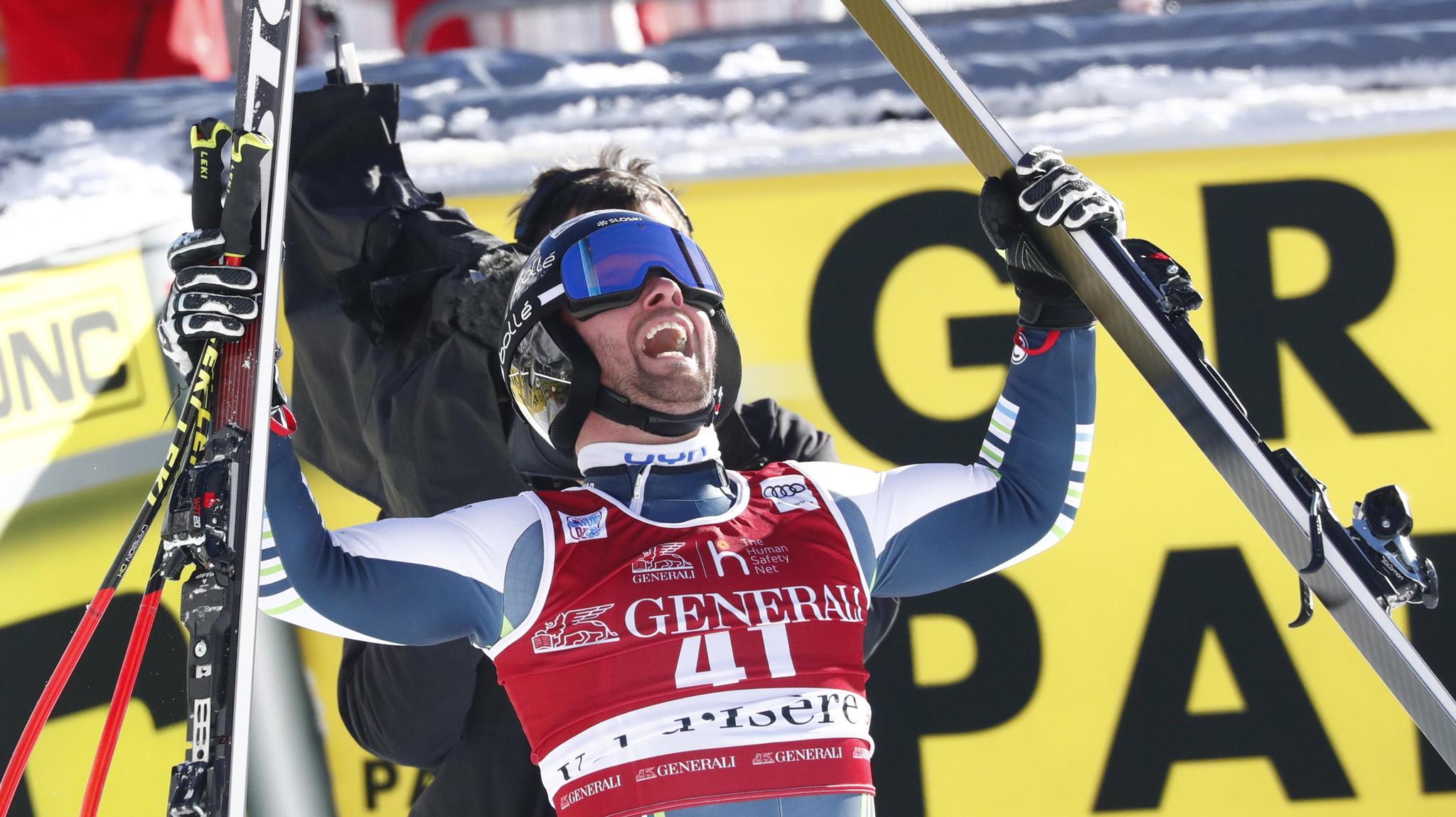 Jubel nach Sensationsfahrt: Martin Cater gewinnt 2020 völlig überraschend die Abfahrt von Val d’Isère.