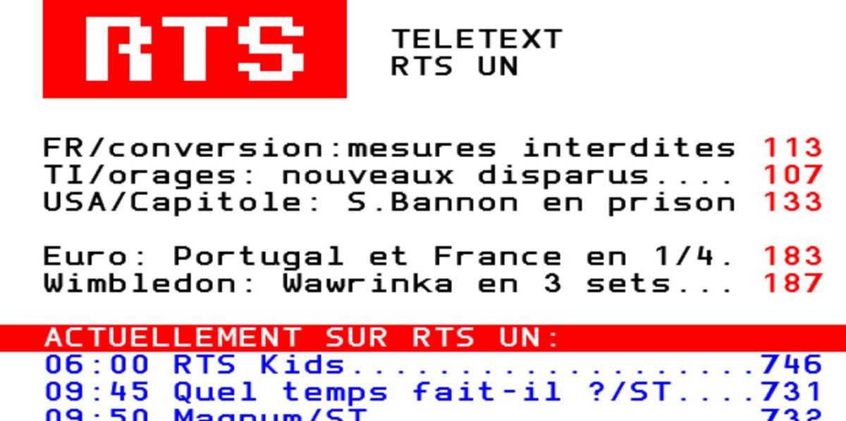 Teletext vom 2. Juli 2024 / Texte complémentaire par ots et sur www.presseportal.ch/fr/nr/100014224 / L'utilisation de cette image à des fins éditoriales est autorisée et gratuite, pourvu que toutes les conditions d'utilisation soient respectées. La publication doit inclure le crédit de l'image.