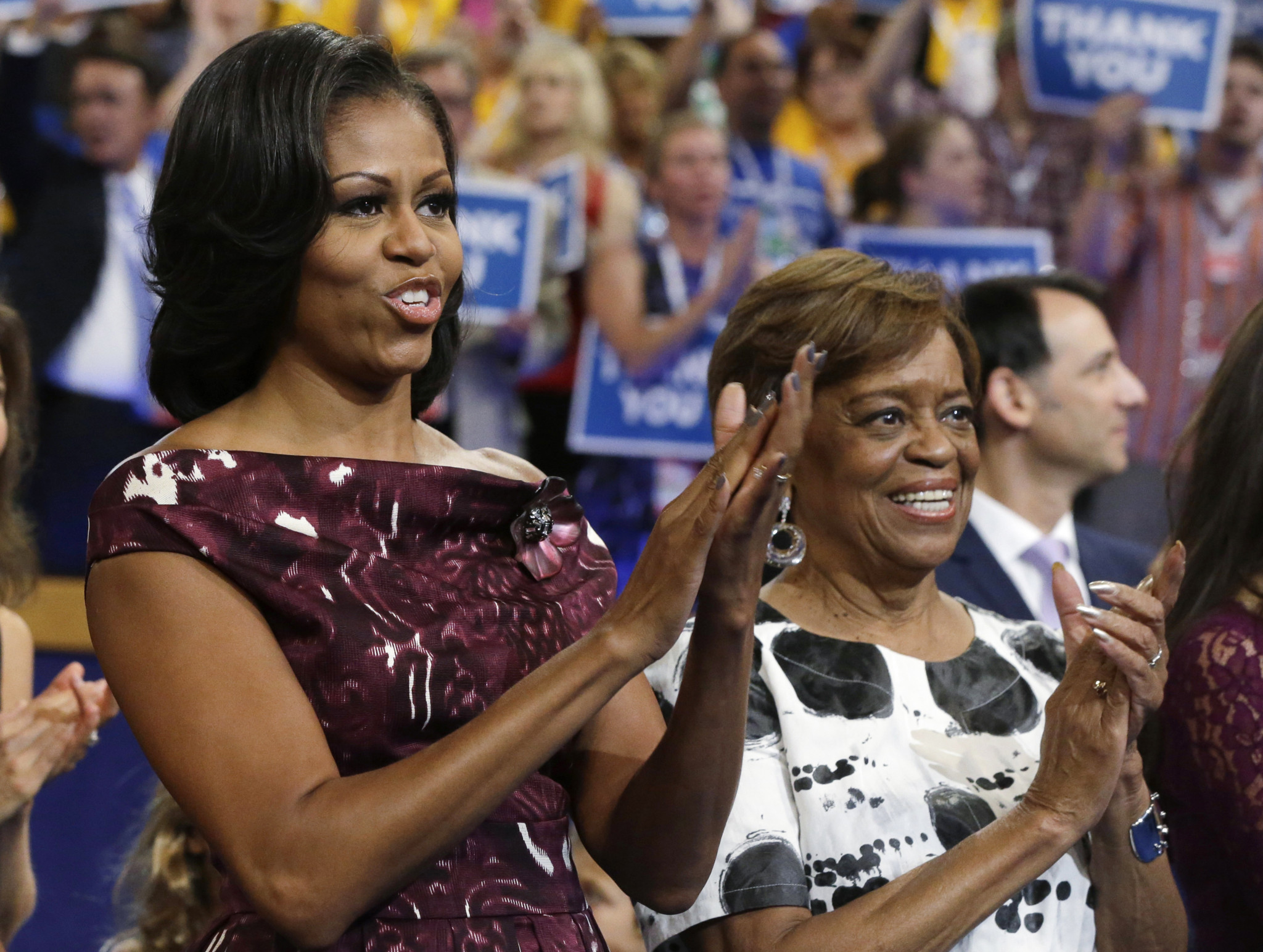 FILE - First lady Michelle Obama, left, and her mother Marian Robinson react as Ret. Navy Admiral John B. Nathman speaks to delegates at the Democratic National Convention in Charlotte, N.C., Sept. 6, 2012. Robinson, who moved with the first family to the White House when son-in-law Barack Obama was elected president, has died, according to an announcement by Michelle Obama and other family members Friday, May 31, 2024. (AP Photo/Charles Dharapak, File)
Marian Shields Robinson