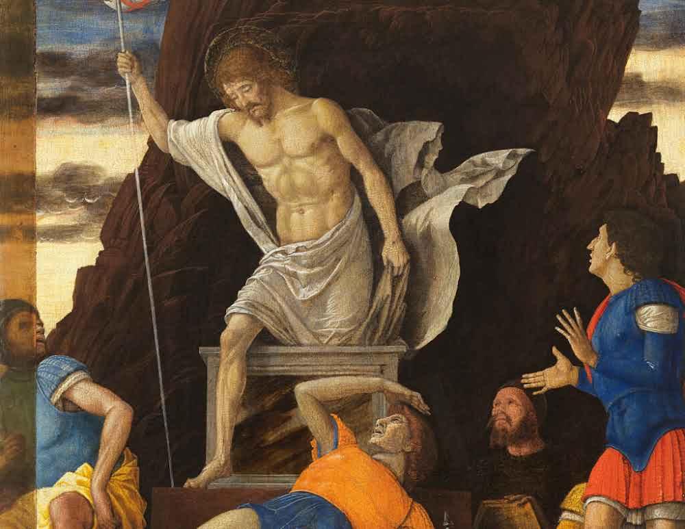 Peinture de la résurrection de Jésus, sortant d’un tombeau avec un drapeau, entouré de gardes abasourdis.