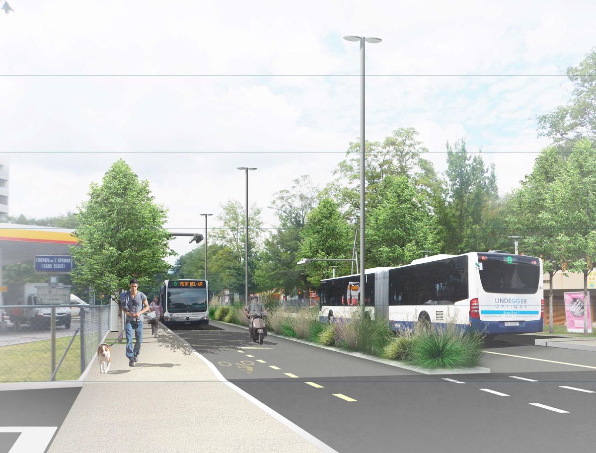 Une berme centrale végétalisée et des plantations d’arbres atténueront le caractère routier du projet «Axe de Frontenex» (image de synthèse).