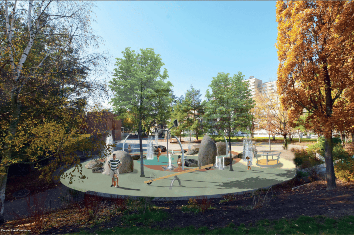 La zone aqualudique est décrite comme une composition «de divers jets, geysers, canons à eau et seaux qui se vident sur les utilisateurs au moment où ils sont remplis».